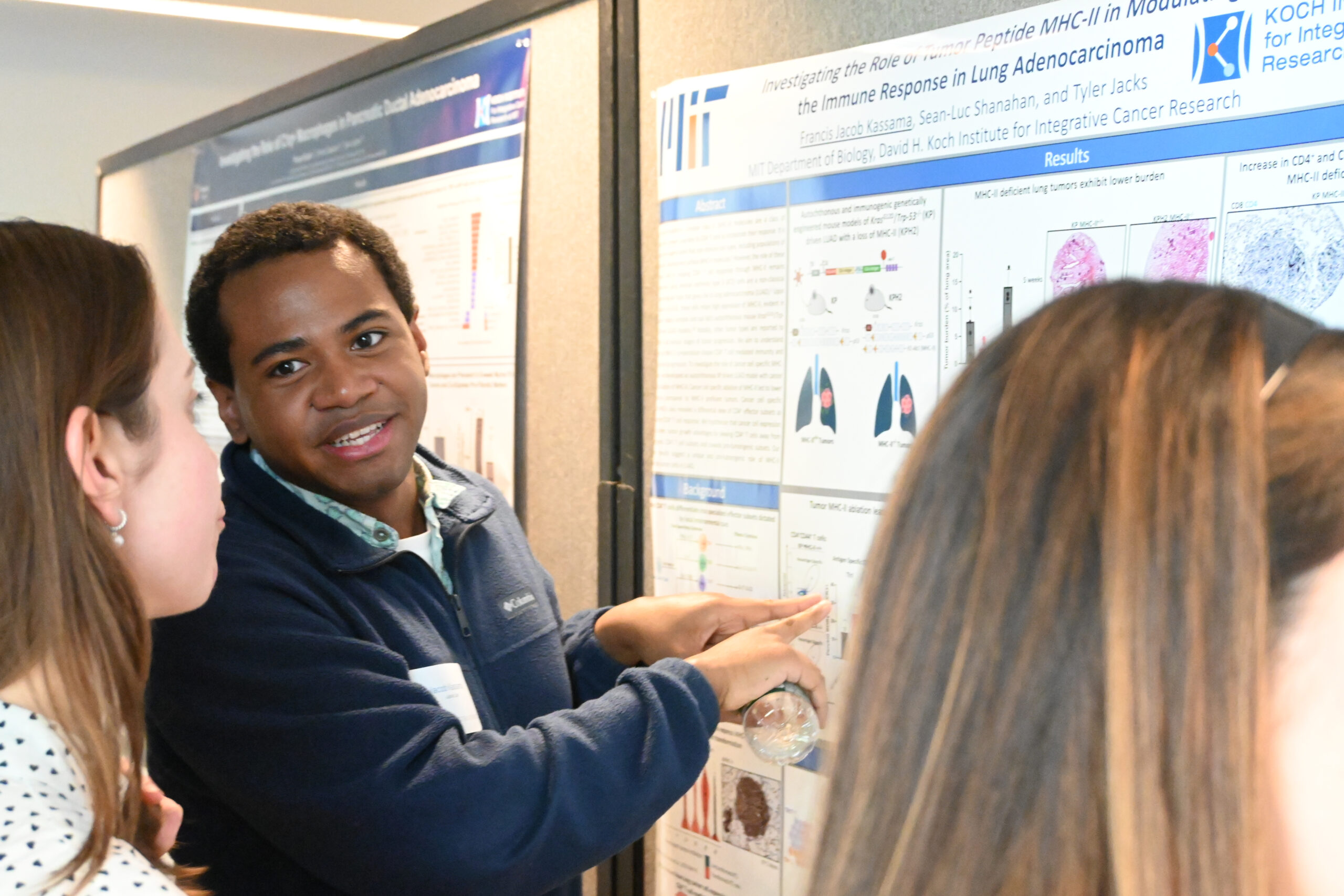 Jacob Kassama, a graduate student in the Tyler Jacks lab at Ludwig MIT, presented his studies probing how CD4+ T cell and cancer cell interactions in early tumorigenesis influence tumor progression.