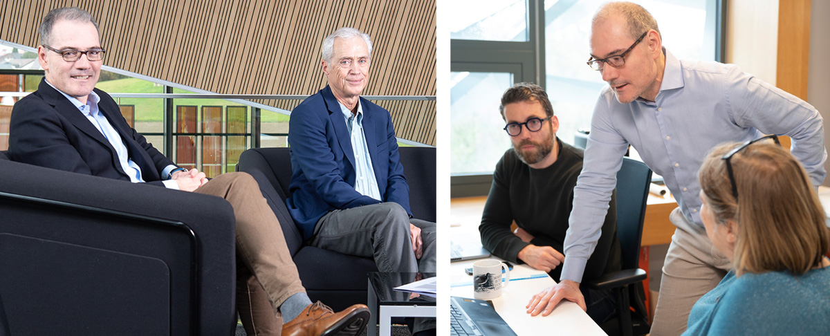 Left: George with Ludwig Distinguished Scholar Douglas Hanahan, who will serve as interim director of Ludwig Lausanne until a permanent director is appointed. Right: Findings from studies led by George, shown here with Arthur Mulvey (left) and Catherine Ronet, were often applied to devise experimental cell therapies for cancer patients.