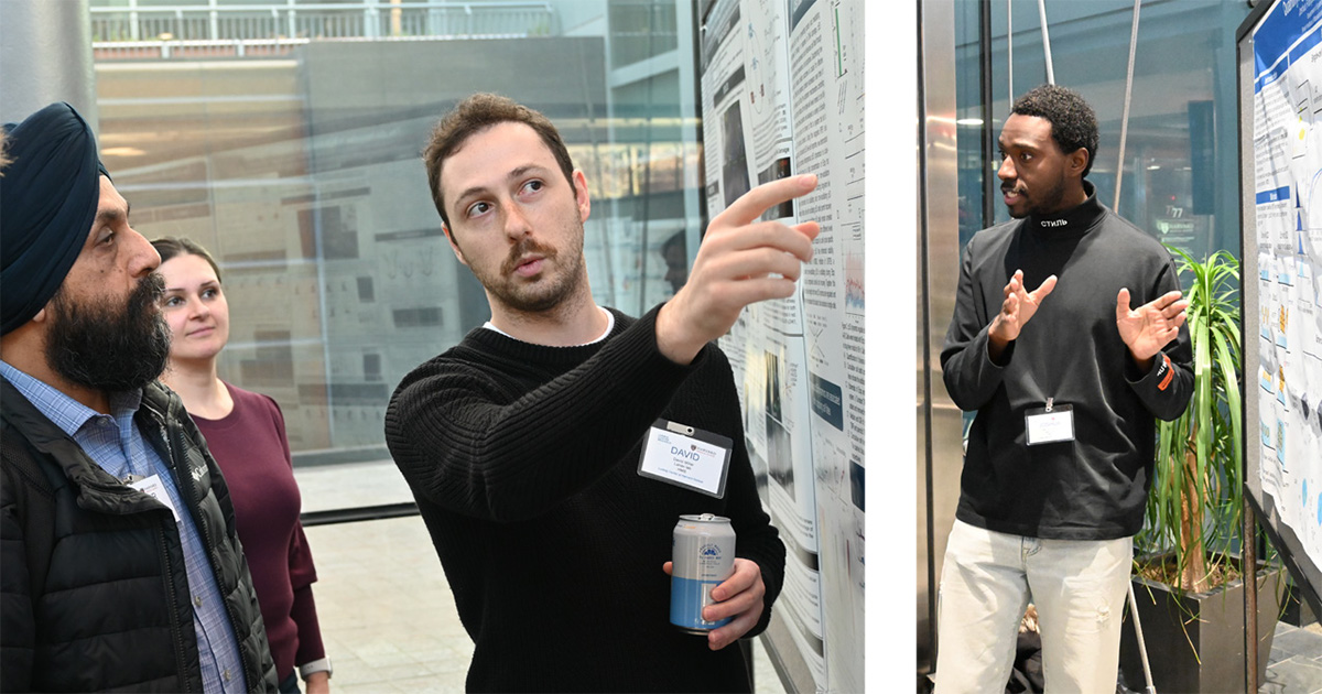 Left: Lahav lab’s David Miller presents his work to Jasbeer Khanduja as lab-mate Roubina Tatavosian looks on. Right: Lahav lab’s Joshua François discusses his research.