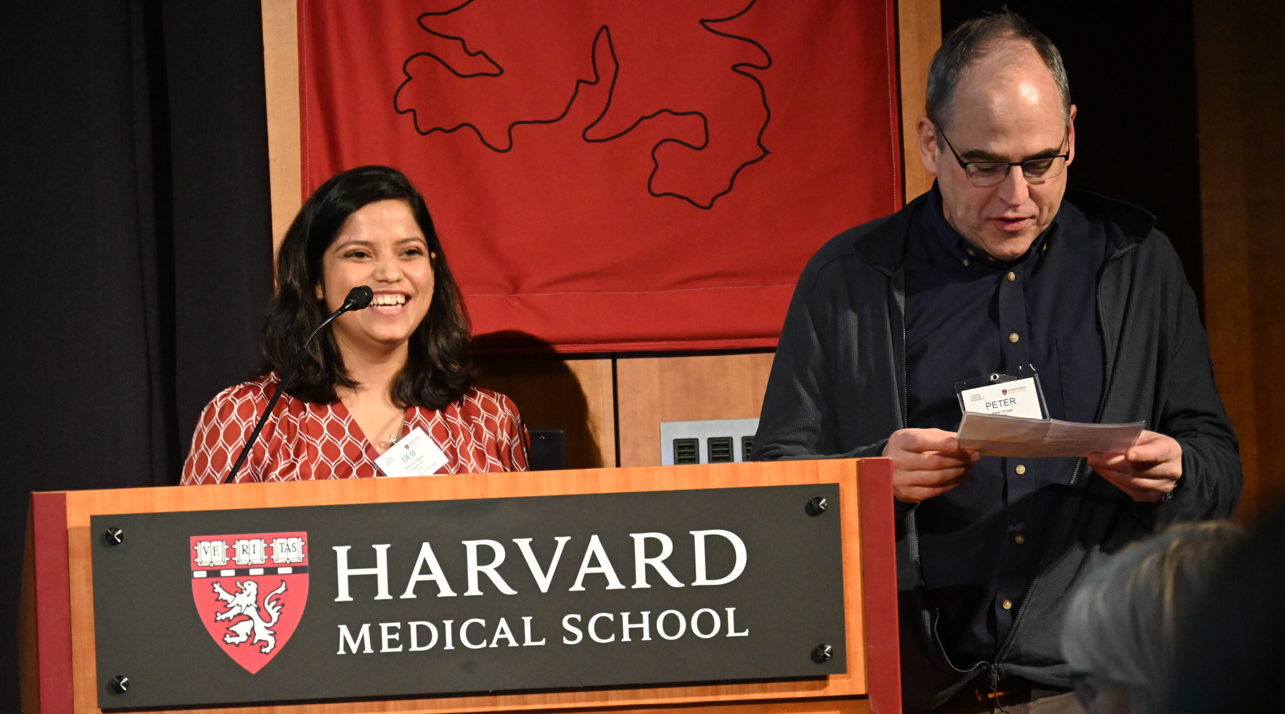 Peter Sorger with Agudo lab’s Debolina Ganguly, who presented her work on metastasis and anti-tumor immunity.
