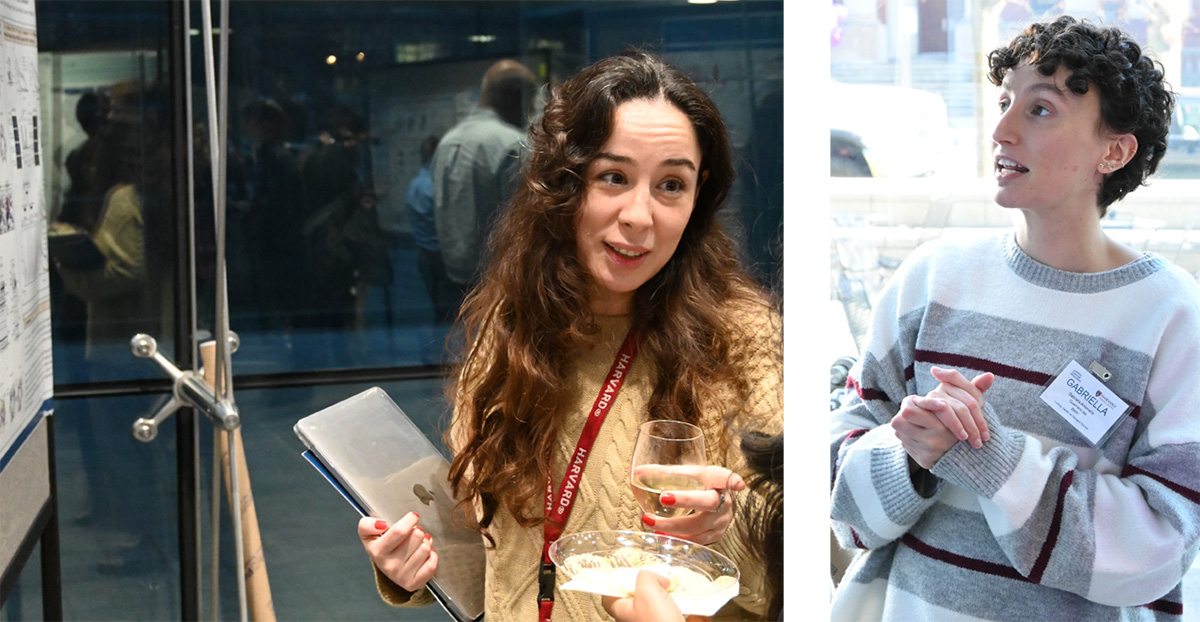 Left: Ozge Somuncu of the D’Andrea lab talks science with a colleague at the retreat’s closing happy hour. Right: Guerriero Lab’s Gabriella Antonellis presents her work.