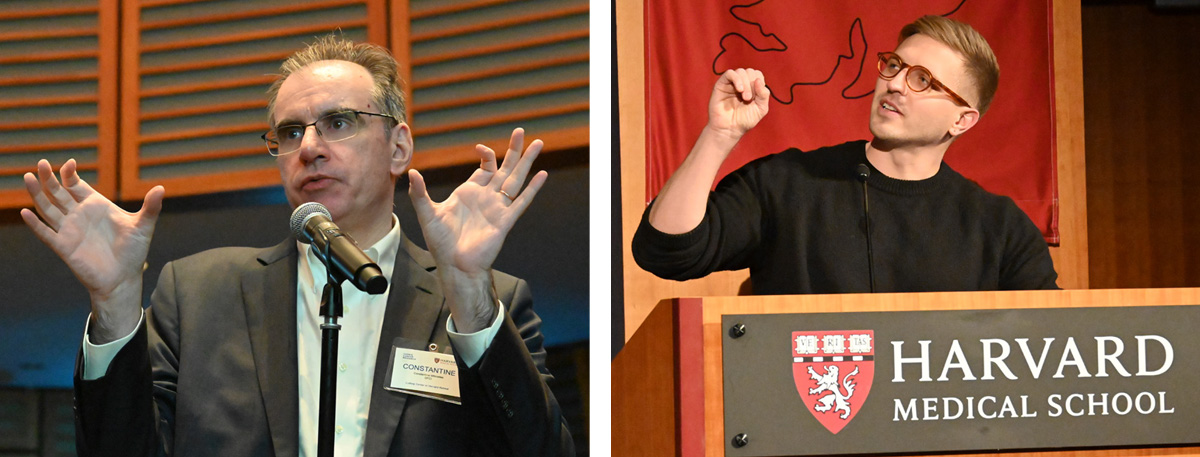 Left: Constantine Mitsiades, asking a question. The speed talks elicited lively discussion. Right: Stefan Harry, presenting his work on targeting cancer-driving protein complexes with COUPLrs, molecular glues developed in the Bar-Peled lab.