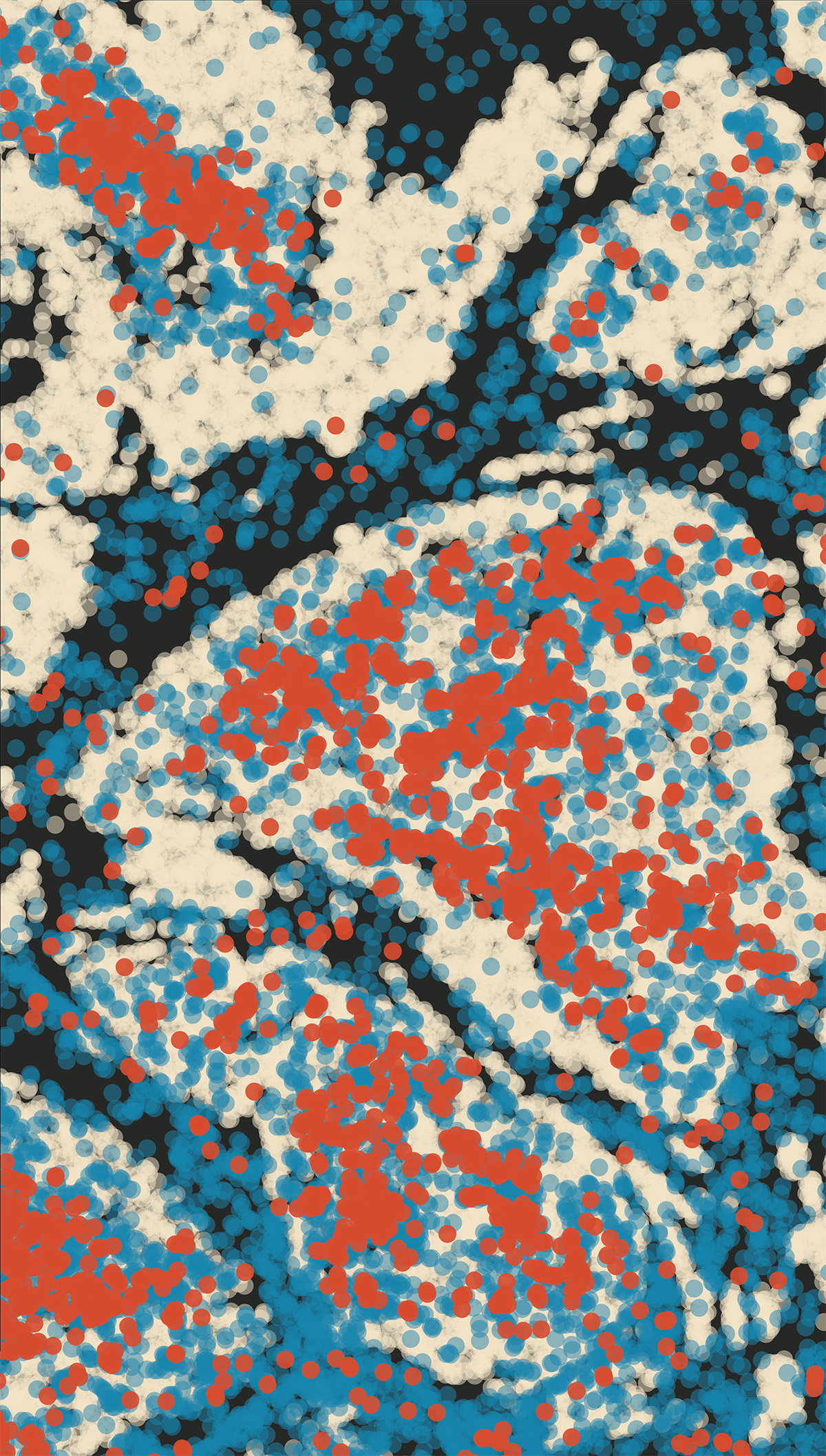 Sample from a human head-and-neck tumor containing infiltrating neutrophils. Tumor cells appear in light grey. Among the infiltrating neutrophils, some do not express CCL3 (blue), while others do (red). Mikaël and colleagues found that CCL3-positive neutrophils are highly conserved across tumor types and promote the growth of tumors.